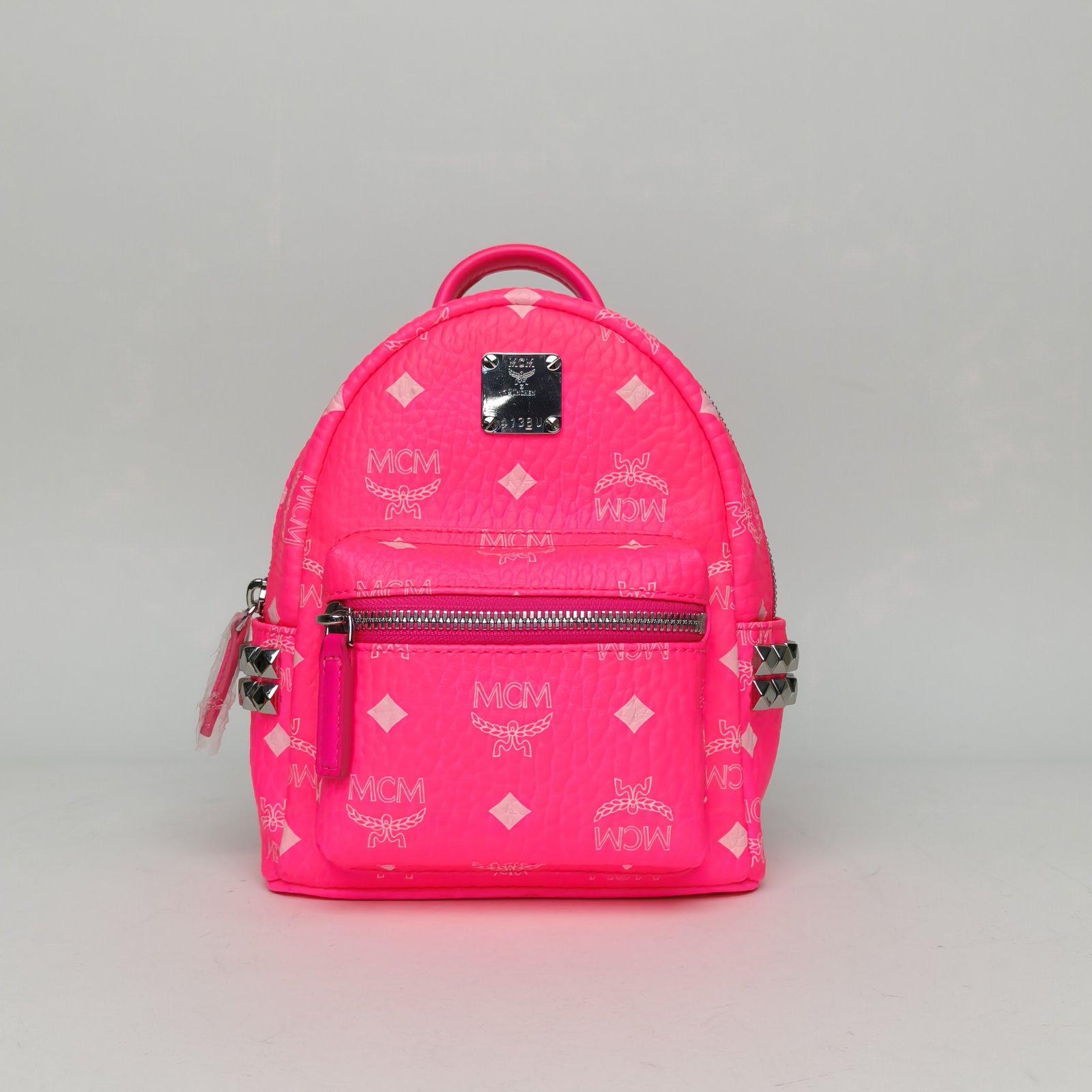 95新 MCM 小花Jerry活动侧边铆钉 双肩包 超MINI 玫红 皮革C 