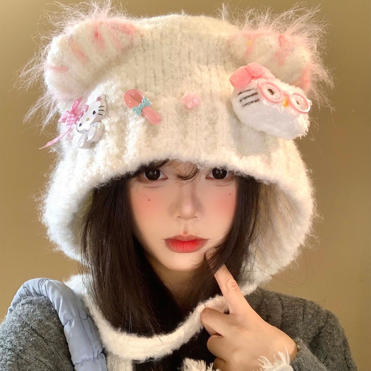 可爱Kitty猫咪针织护耳帽女秋冬季显脸小保暖防寒毛线帽雷锋帽子