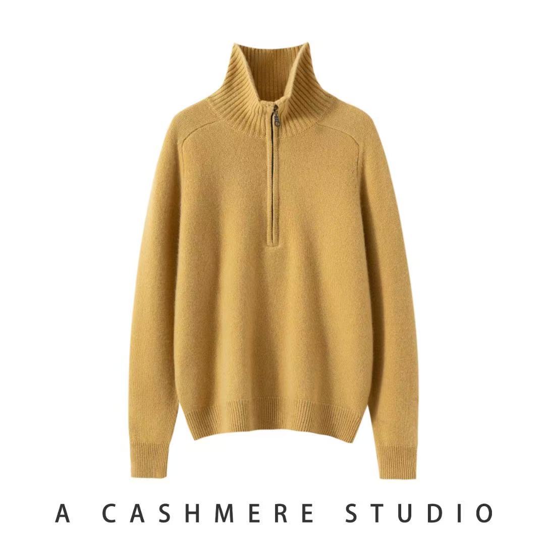 礼墨-100%山羊绒7针加厚马鞍肩半拉链简约套头针织衫女391