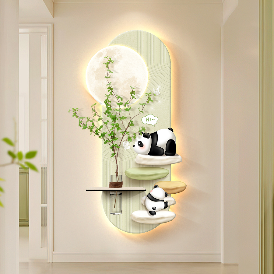 可爱熊猫玄关装饰画入户正对门挂画高级感2025年新款水培绿植壁
