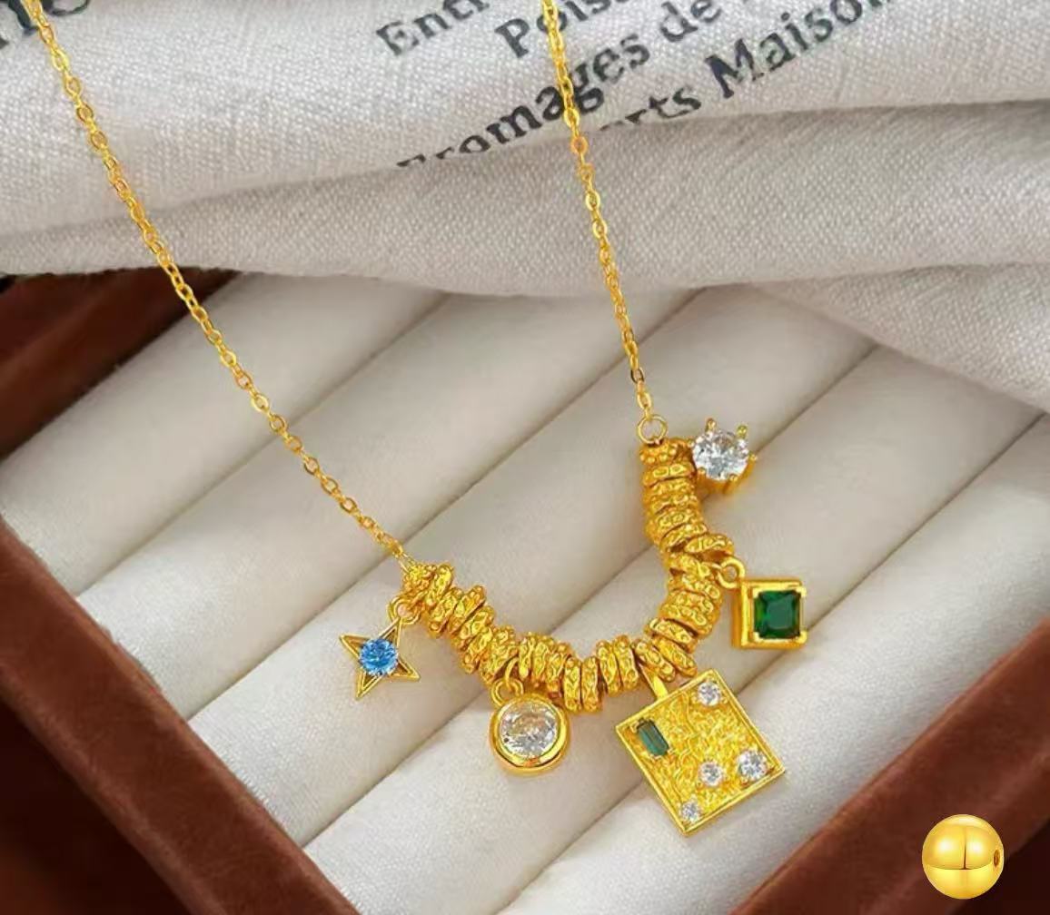 铜合金项链 合金项链 锤纹方块星星盘缠套链几何图形锁骨链时尚