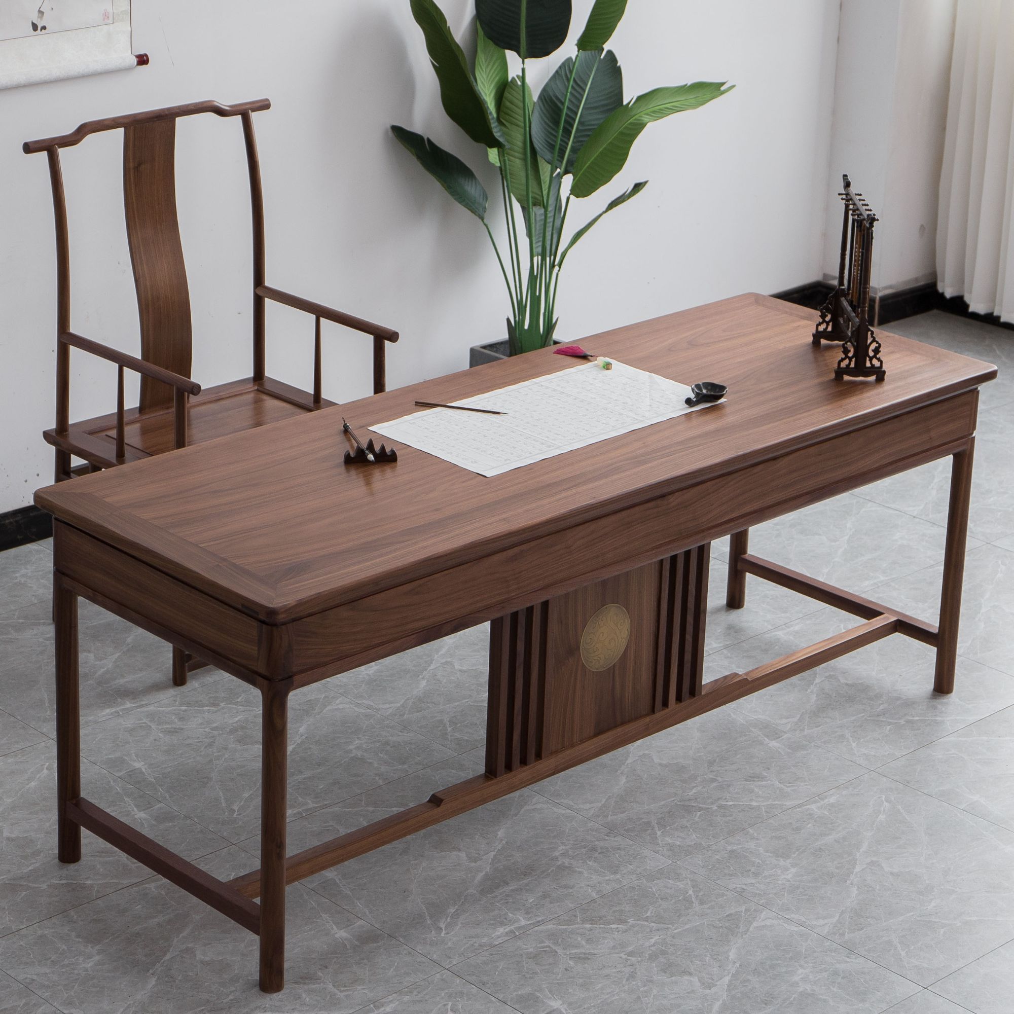 闲居新中式书桌老榆木办公书桌写字台实木胡桃木家用茶桌一体家具