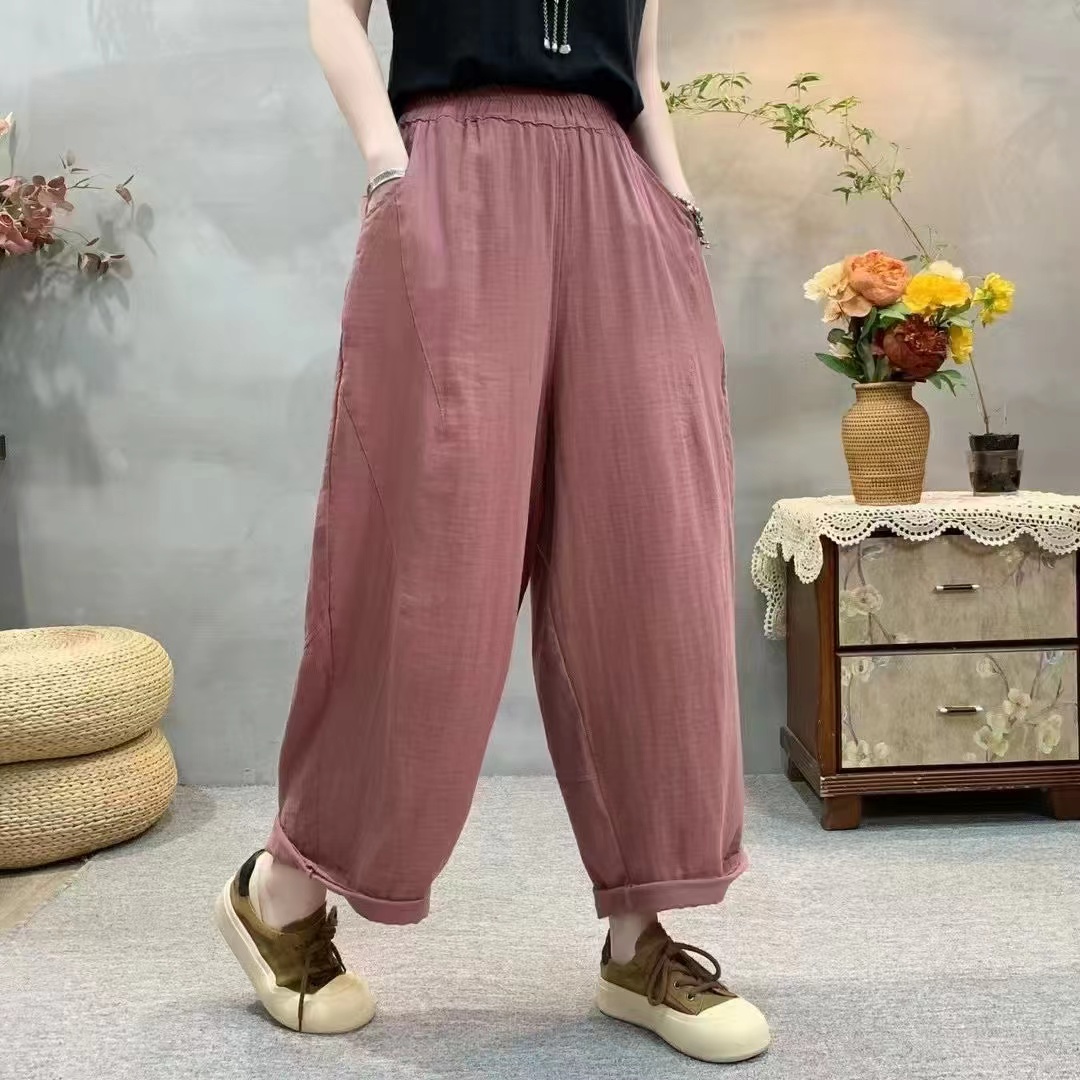 HY    口袋下分割线净色双纱裤