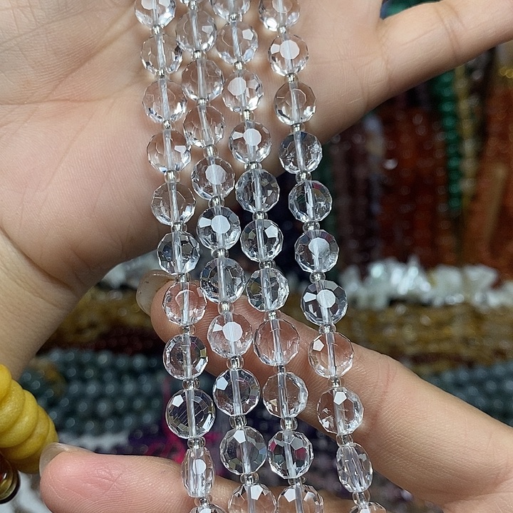 玛瑙/玉髓未镶嵌珠宝半成品天然高透白水晶切面卡10mm一条