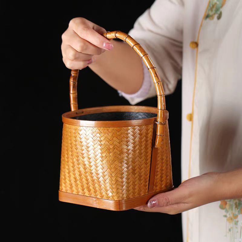 新中式围炉煮茶手工竹编碳篓炭钵竹炭筐橄榄炭盒炭斗便携茶室收纳
