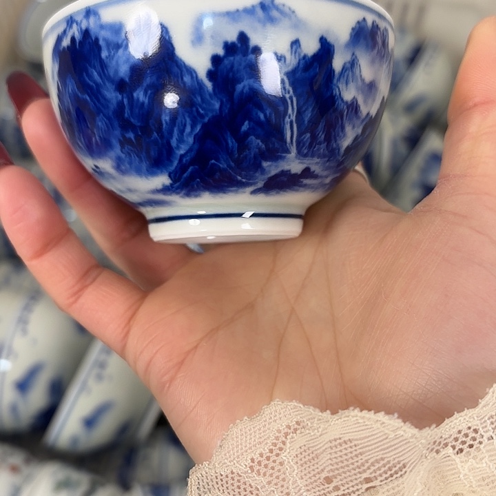 陶摆件青花千里江山鸡心杯