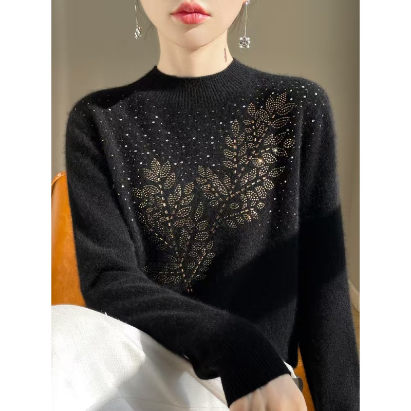 半高领树叶烫钻羊毛打底衫25新款百搭