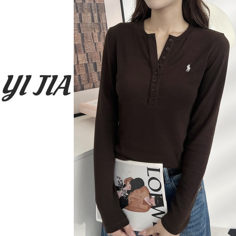 【壹家】YJ3090 /半开领小马刺绣上衣 2025秋季新款百搭显瘦打底衫