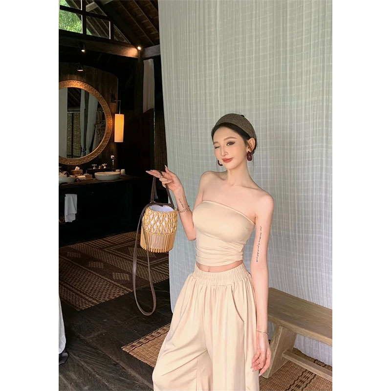 韩系简约短款收腰抹胸背心女春季新款松紧腰显瘦休闲裤长裤两件套