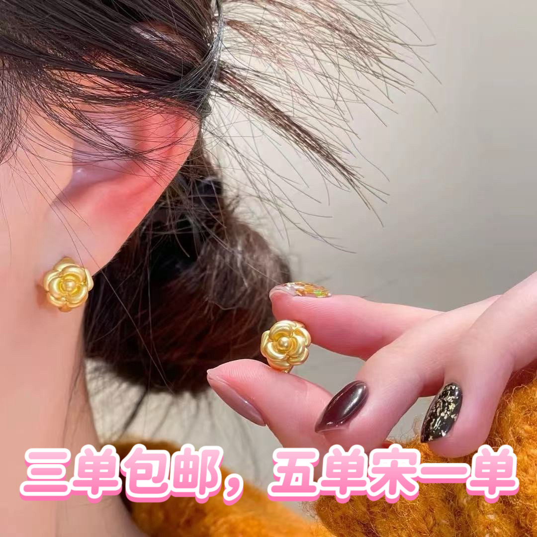 铜合金耳饰 57【花满归】小众设计感山茶花耳扣小花朵耳钉通勤耳钉