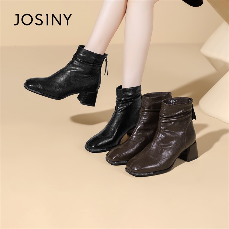 卓诗尼方头粗跟跟短靴女2025冬季新款法式软底增高拉链休闲靴子