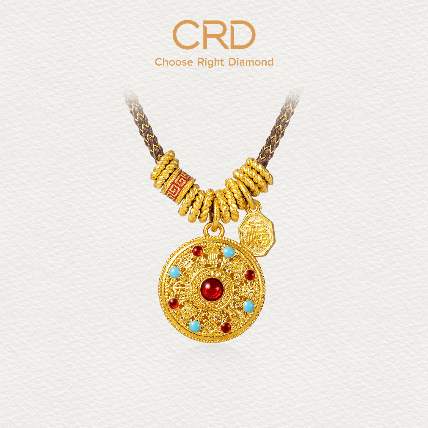 CRD克徕帝吉祥八宝足金挂坠古法鎏彩足金999吊坠女款送礼推荐