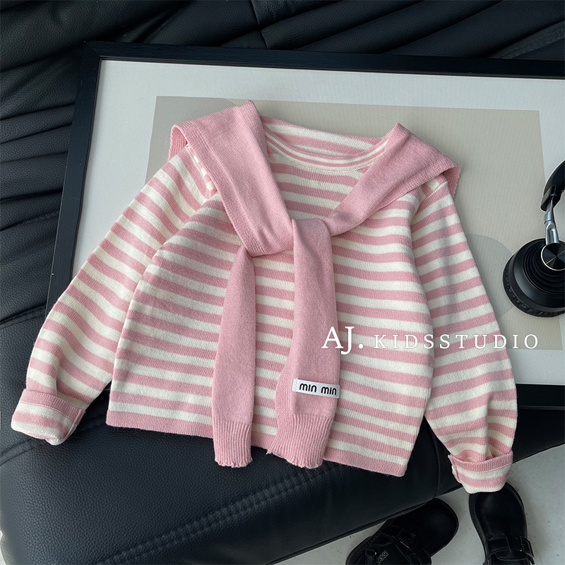 【阿湫】2025春秋装儿童韩版洋气撞色条纹披肩套头针织衫SJ6211