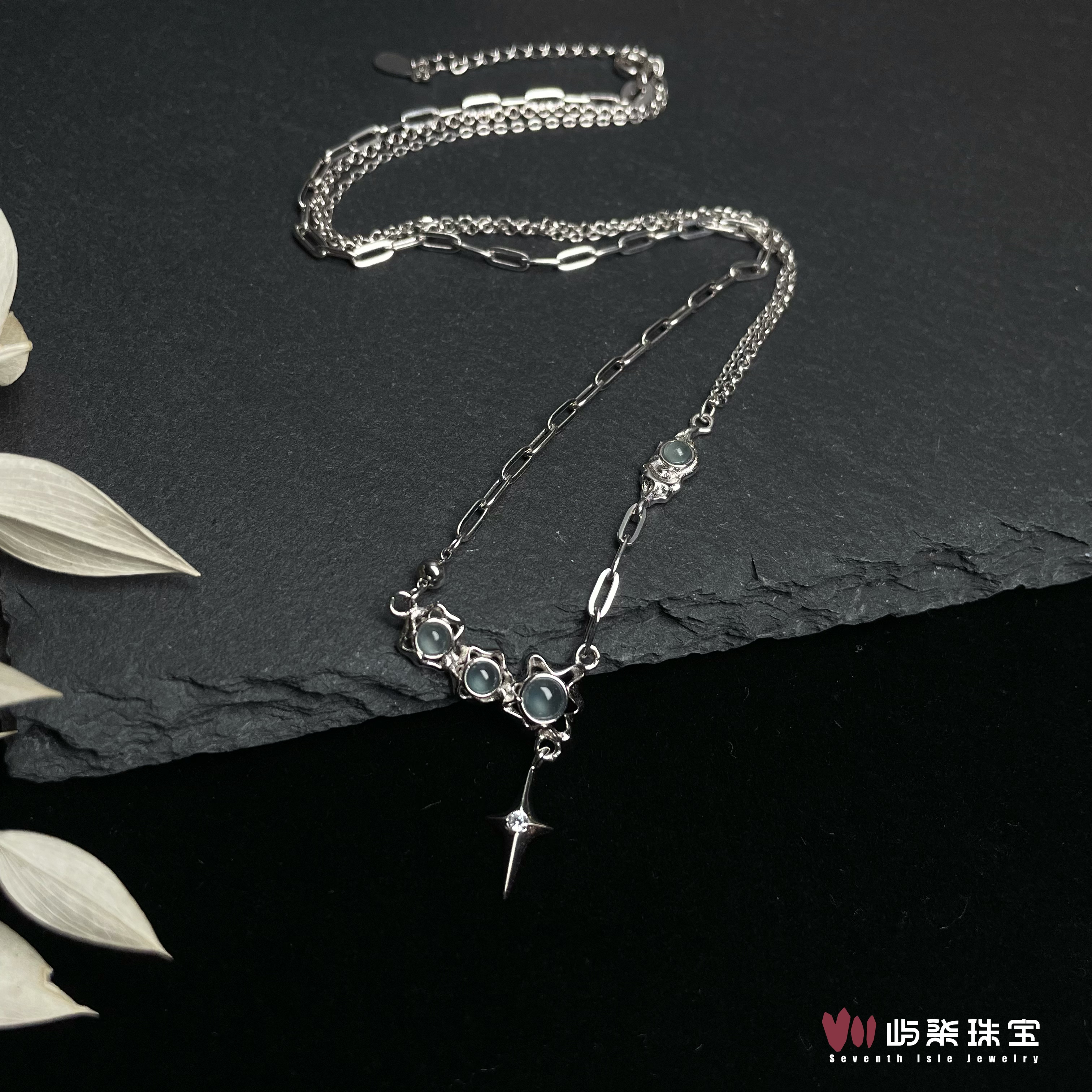 【要努力】A726 翡翠银925镶嵌 蓝冰四蛋面项链