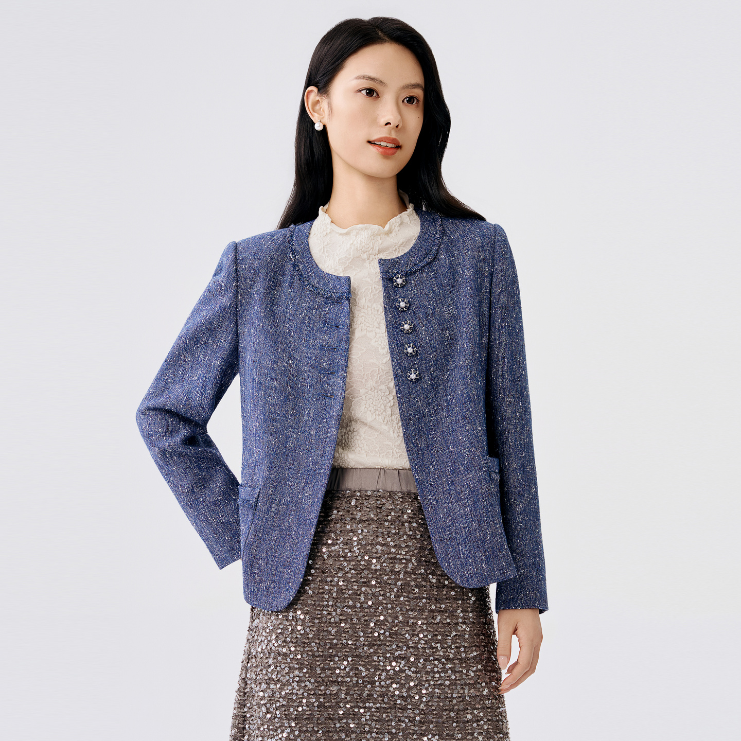 BuouBuou2025秋冬新品商场同款流苏毛边闪葱小香风外套女ALGC032