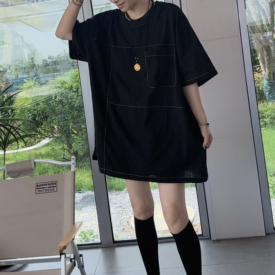 【芬芬姐精选】夏季时尚休闲圆领水洗宽松不规则拼接韩版衬衫