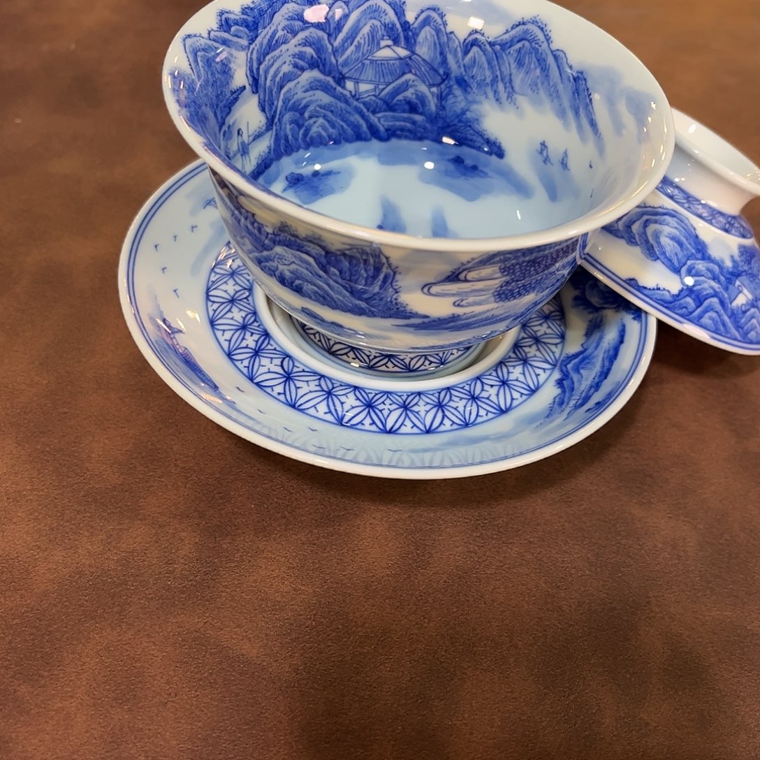 满工山水三才盖碗