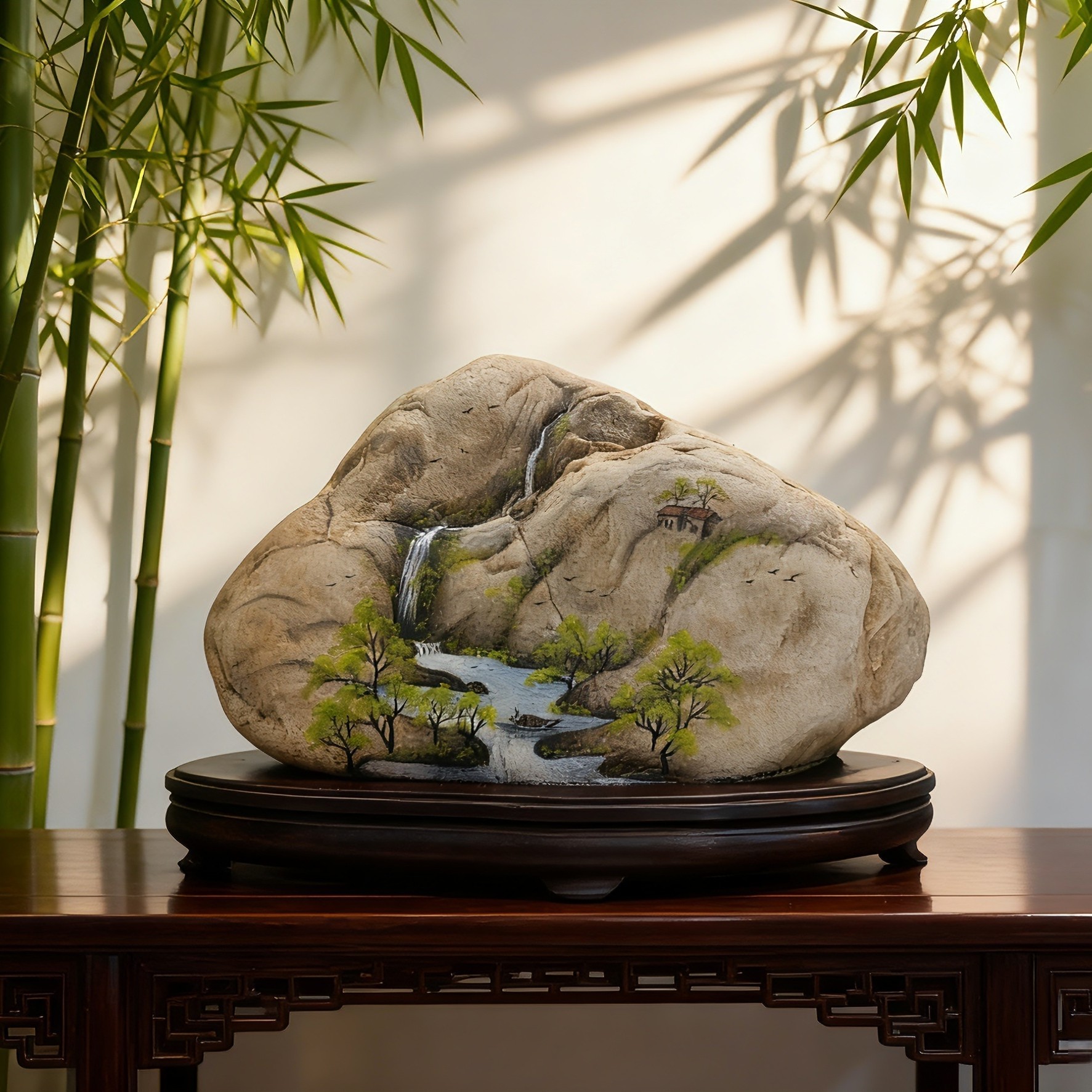 石头画山水风景纯实木底座—(高19cm×28cm)