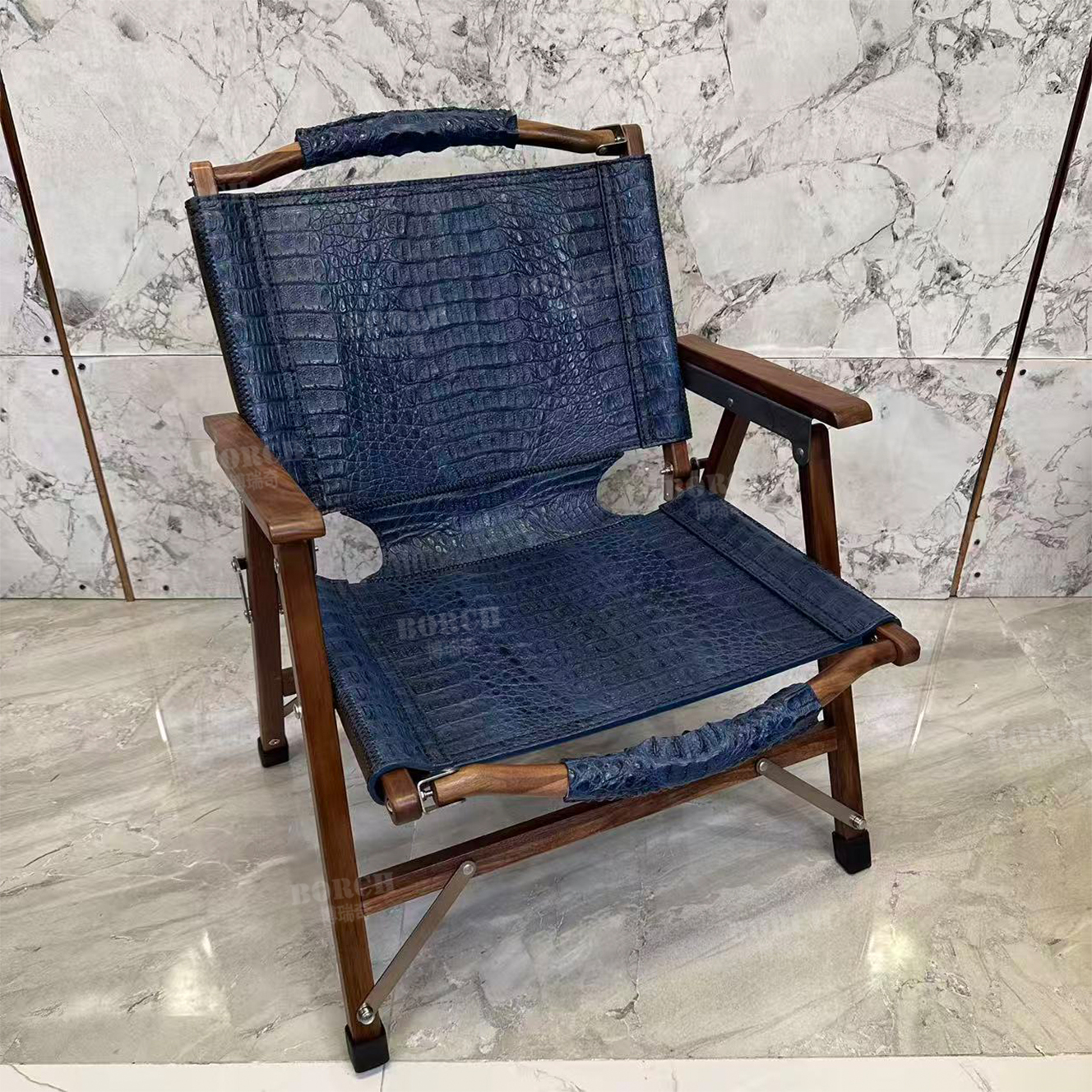BORCH/博瑞奇真鳄鱼皮克米特折叠椅蓝色黑胡桃木真皮休闲椅09777