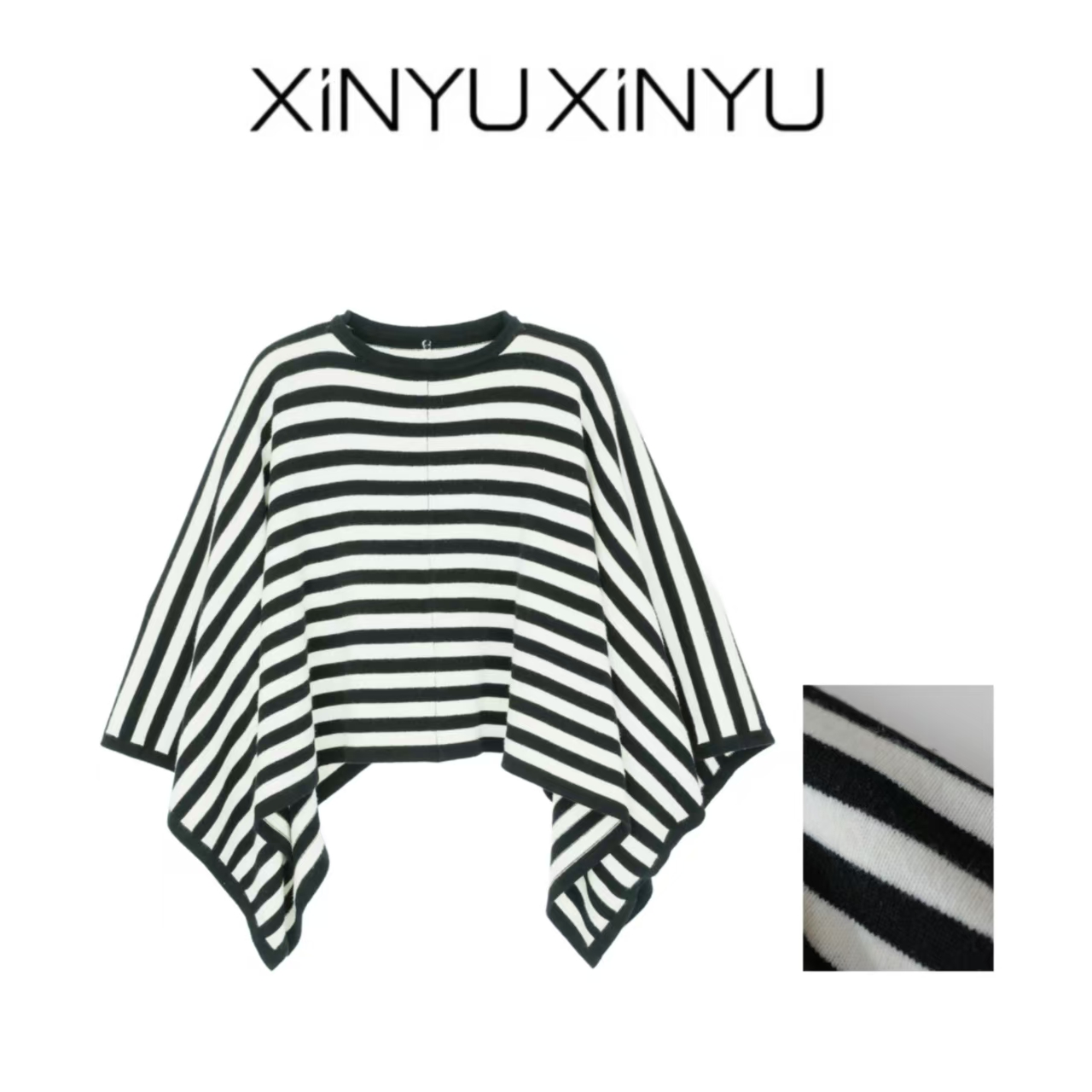 XINYU/芯与100绵羊毛条纹针织套头披肩针织衫 PJ018 时尚 宽松