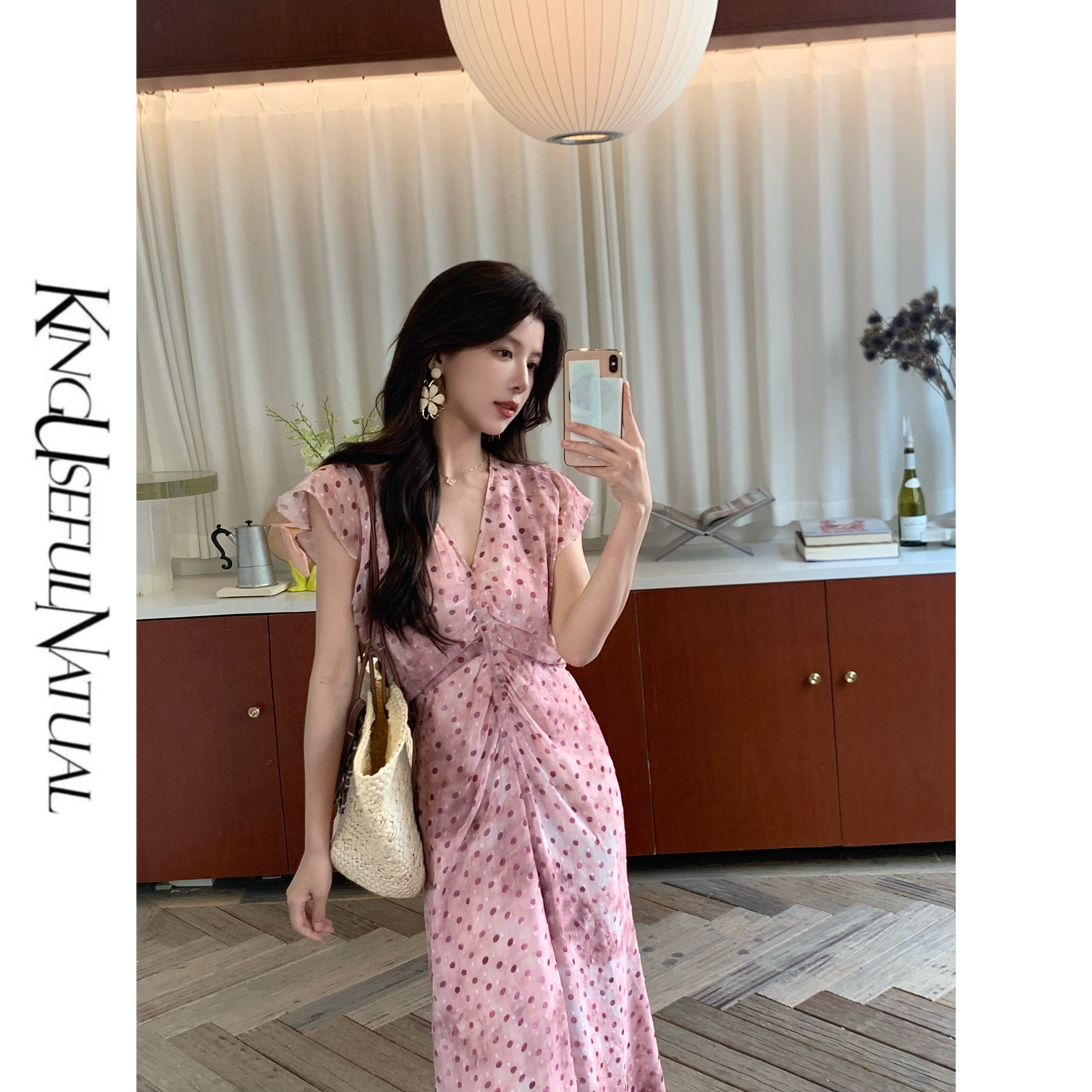 KUN【纯情巴洛克】出挑波点 定染粉调扎染收腰荷叶袖自然波点连衣裙