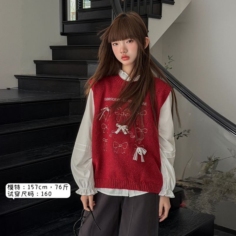 春季上新！温柔甜美休闲毛衣马甲+白衬衫两件套亲子装-MS001