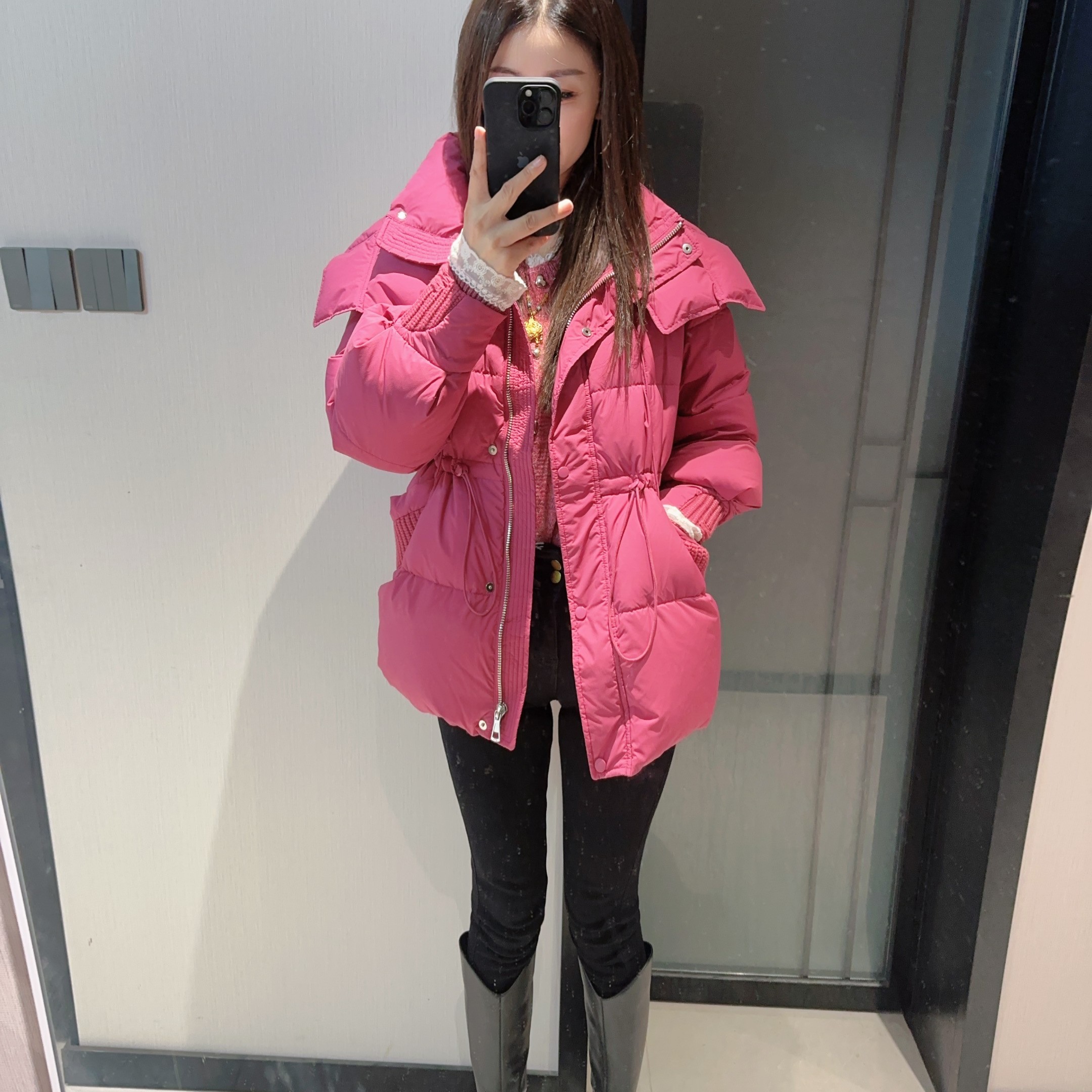 针织拼接收腰羽绒服70CM