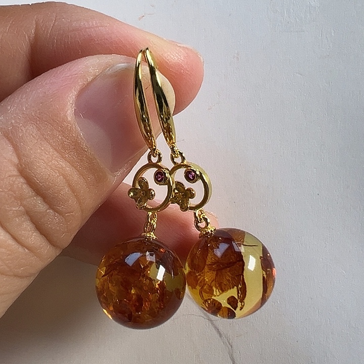 琥珀（花珀）耳饰银S925镶嵌