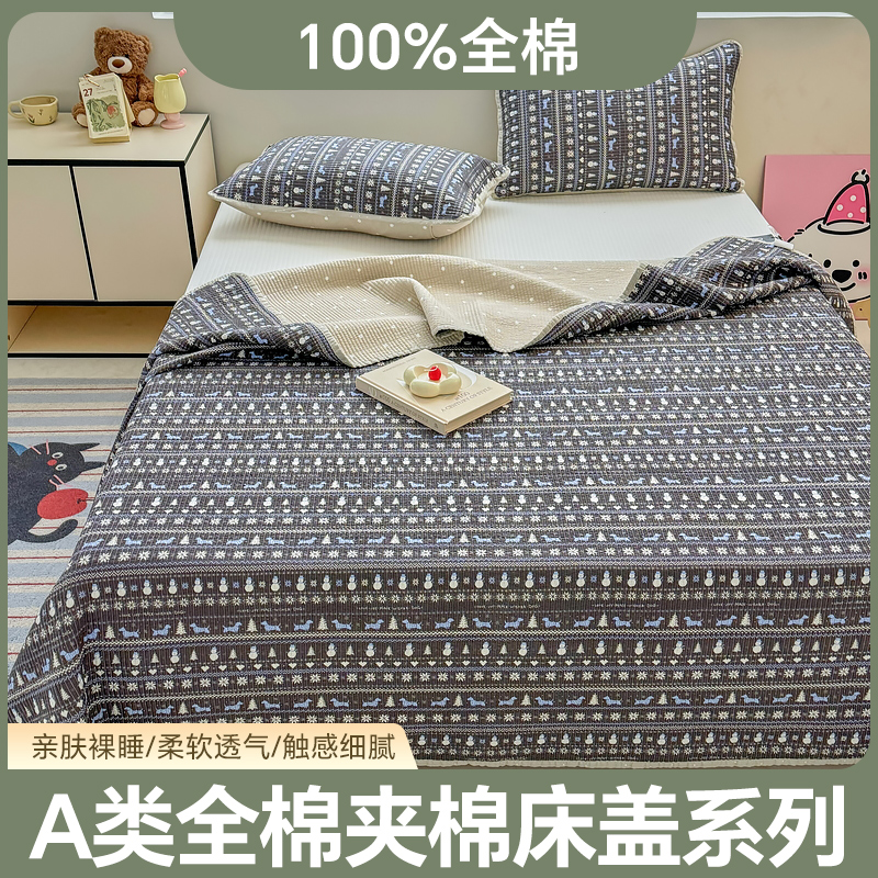 A类全棉【夹棉床盖】新疆棉花印花双面绗缝柔软透气机洗单件三件套