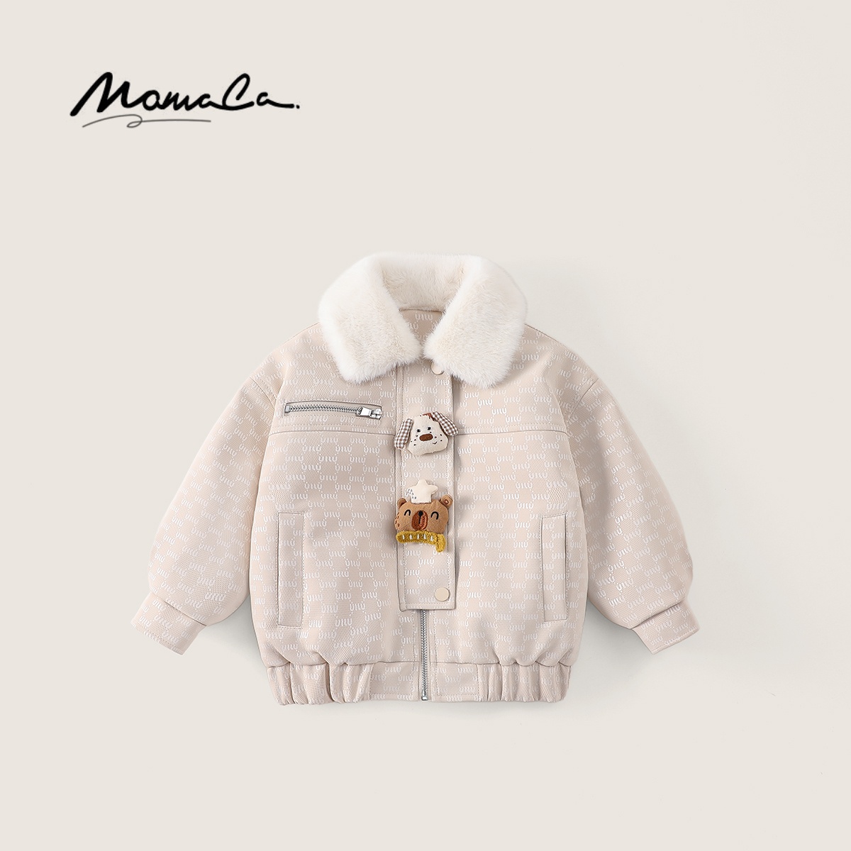 MOMOCO男童冬季新款加棉韩版皮衣外套童趣保暖上衣77430107051