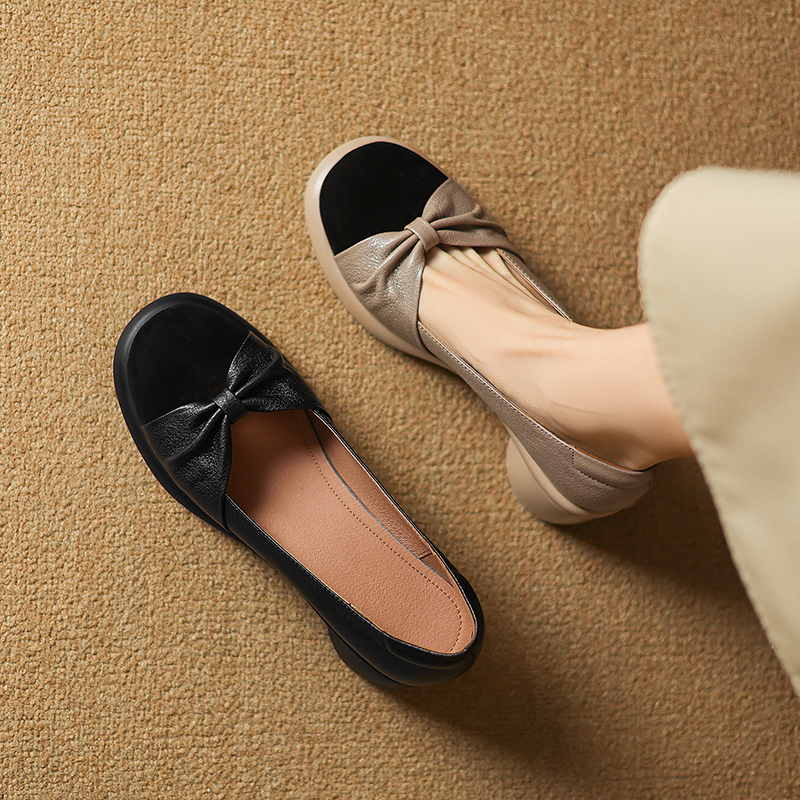 羊皮 5cm 厚底小皮鞋女真皮粗跟乐福鞋2025春季拼色浅口懒人单鞋