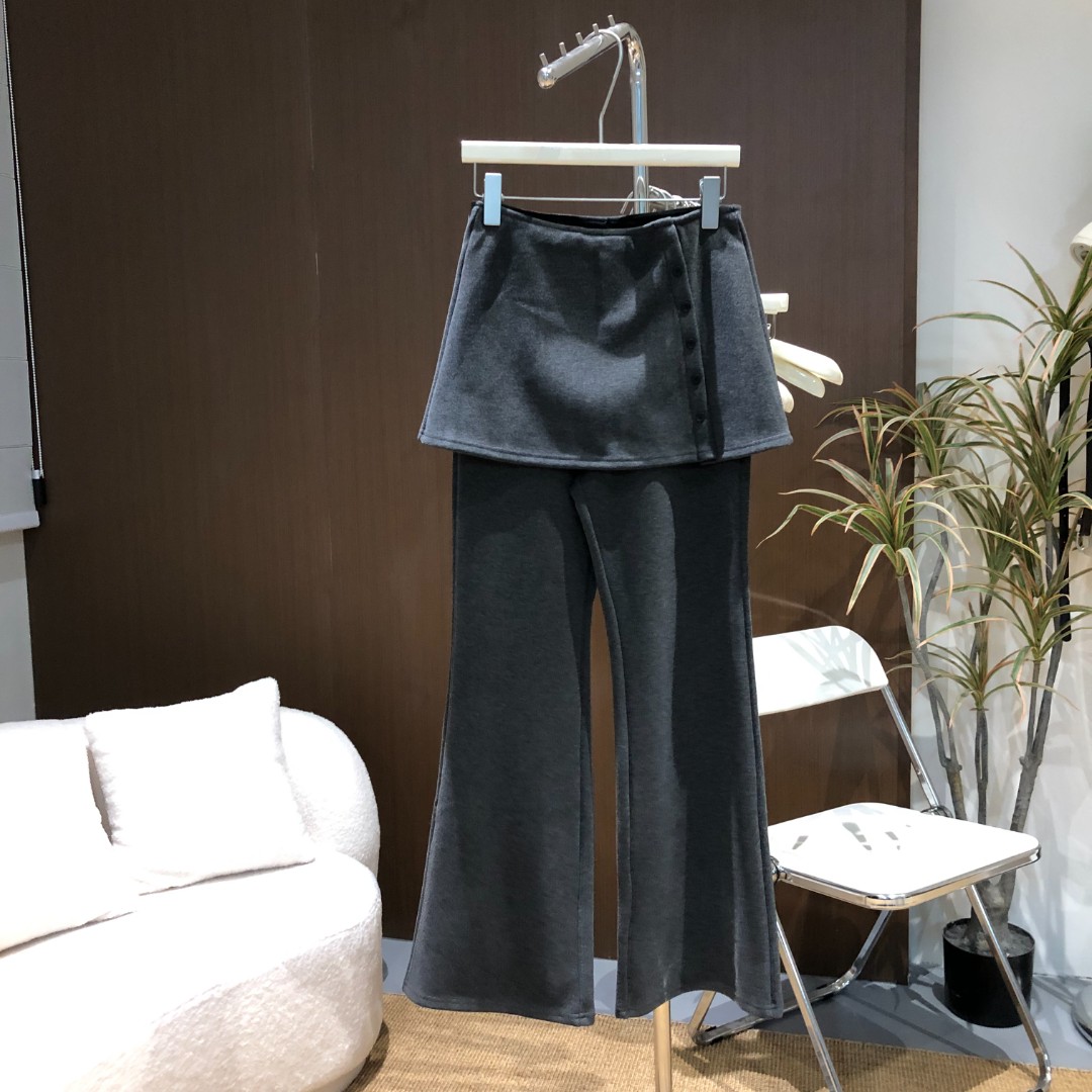 高腰加绒屁帘拼接假两件休闲裤