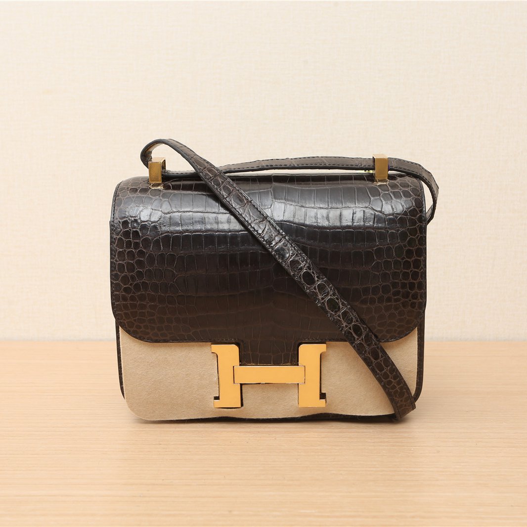 99新 Hermes/爱马仕 小花双双 康康 24 铅笔灰 倒V鳄鱼 D刻 金扣