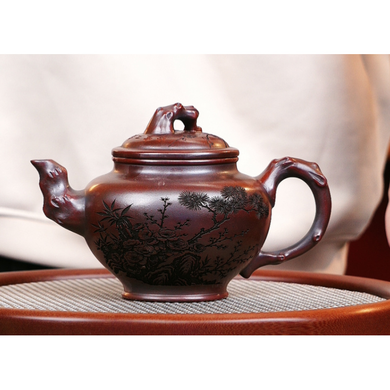 宜兴紫砂 岁寒三友报春 龙山古乌泥 吴国政 430cc