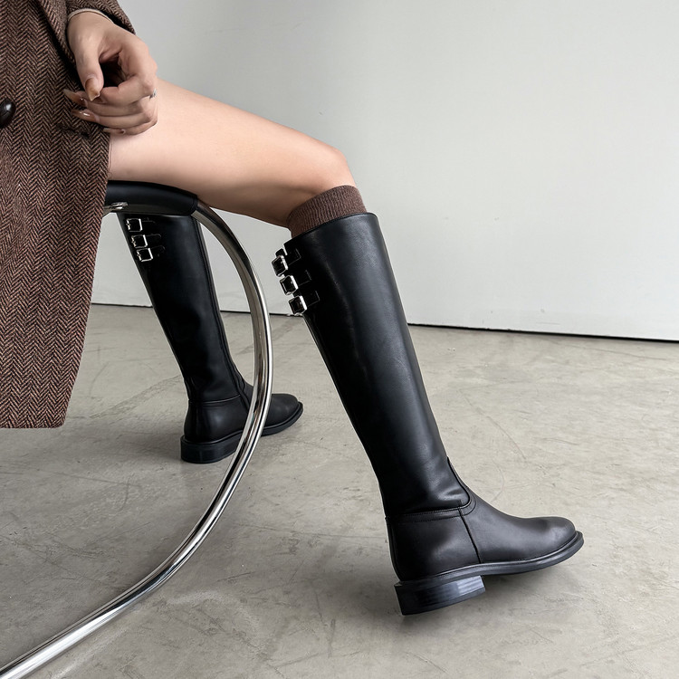2025秋冬新款三重奏复古骑士靴女3cm粗跟显瘦不过膝高筒长靴