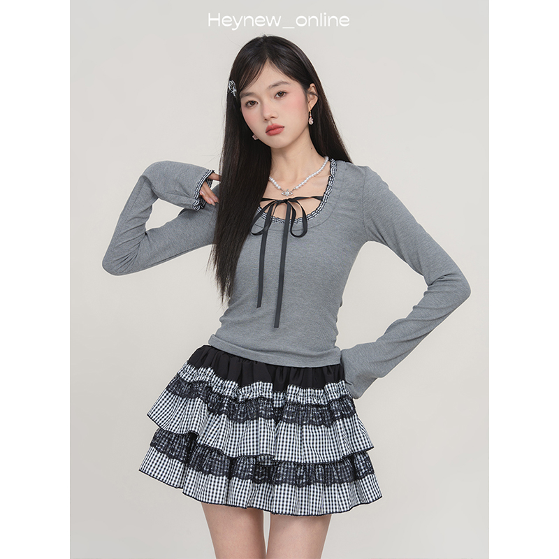 【年中宠粉福利】小众拼接花边波点U领系带长袖t女显瘦短上衣5C383