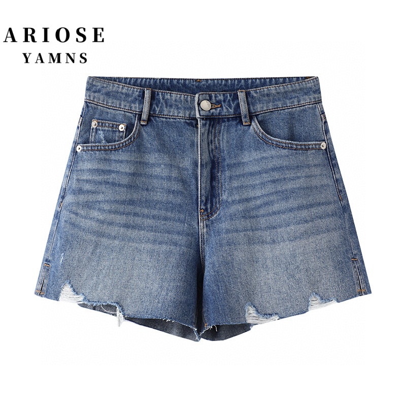 艾诺丝商场同款时尚短裤牛仔阔腿高腰INS风毛边牛仔短裤印染宽松