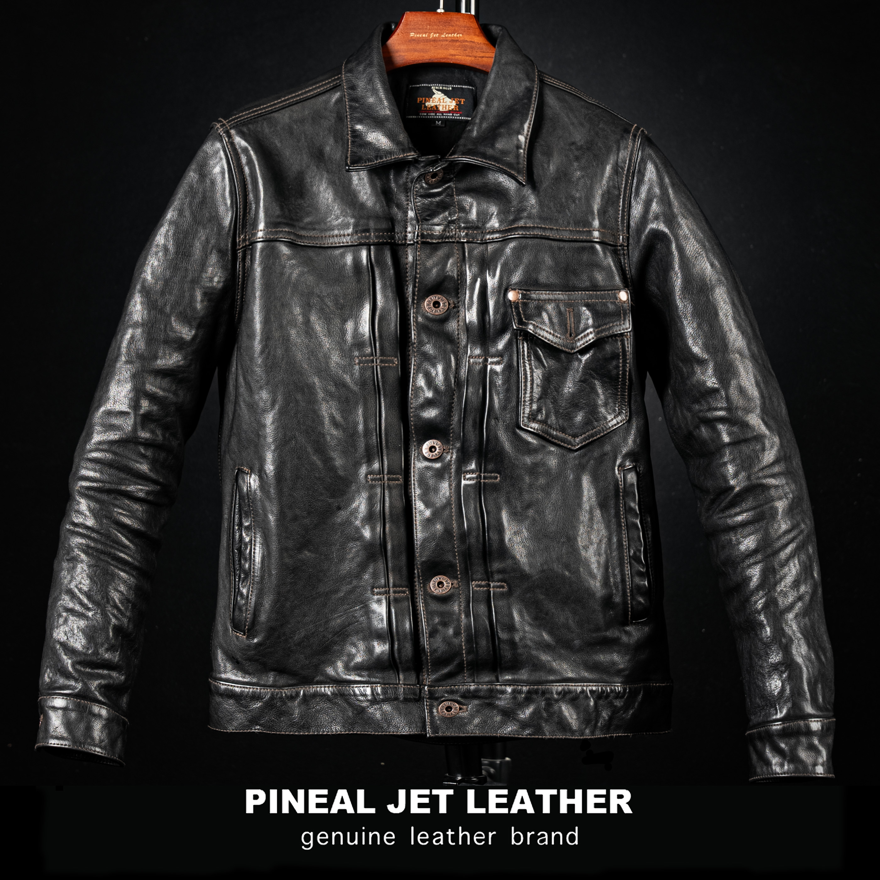 PJL新款男士工装牛仔复古经典牛皮506阿美咔叽牛皮夹克K