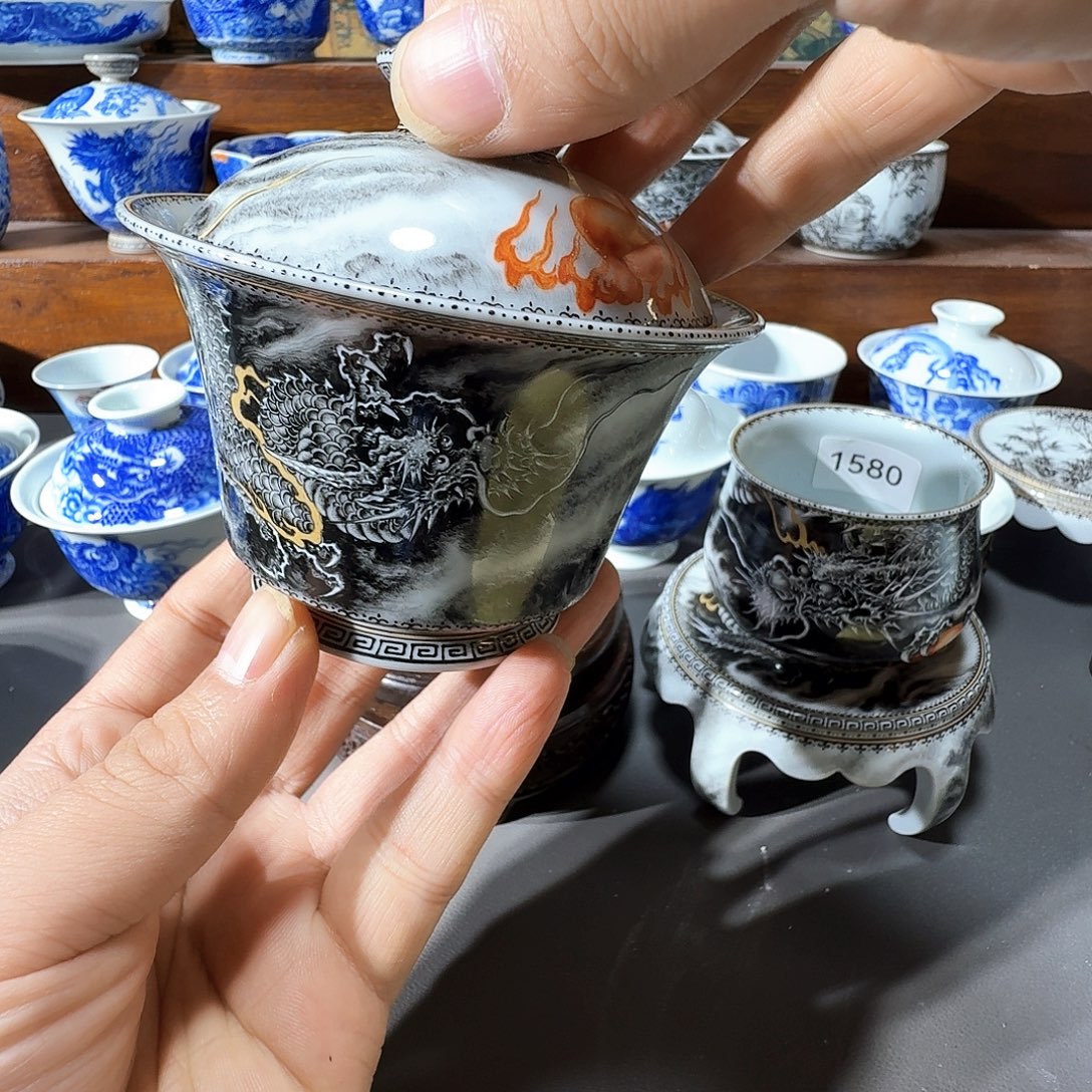 与***渔泥塑盖碗手工手绘