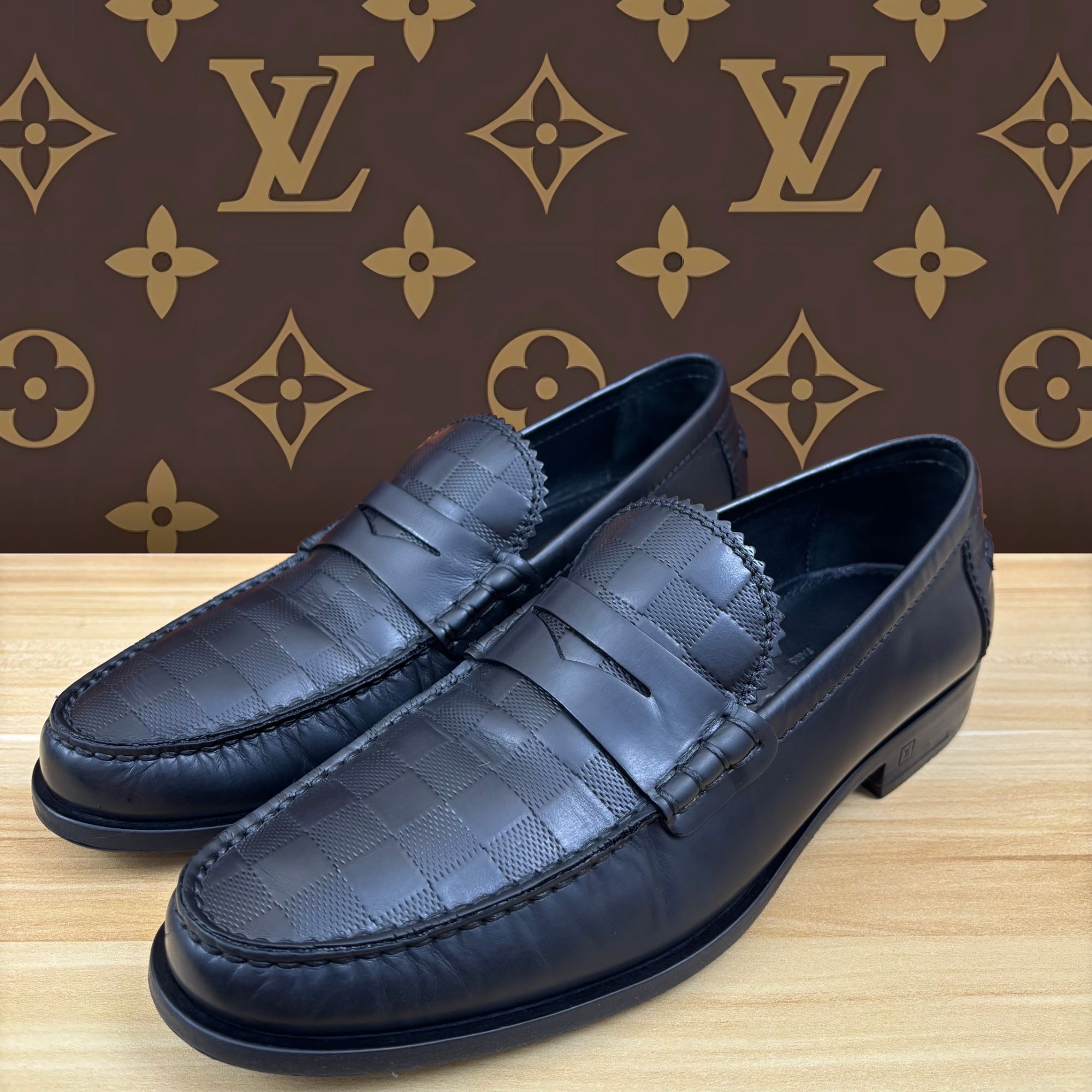 95新 LouisVuitton/路易威登 客户寄售-棋盘格黑色皮面乐福鞋男款