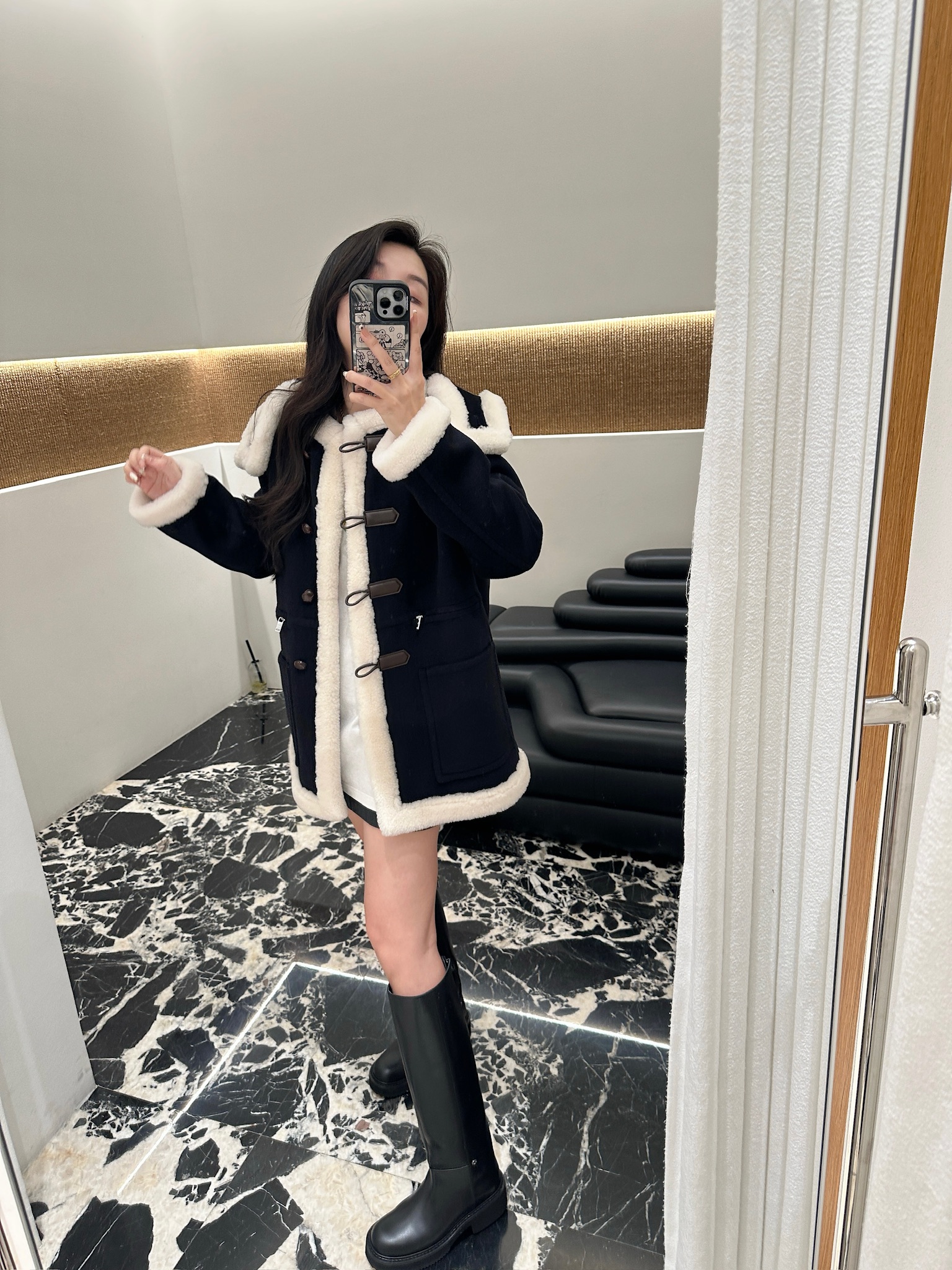 IMMI 设计师品牌 小众新款 羊绒双面呢拼羊羔毛连帽大衣