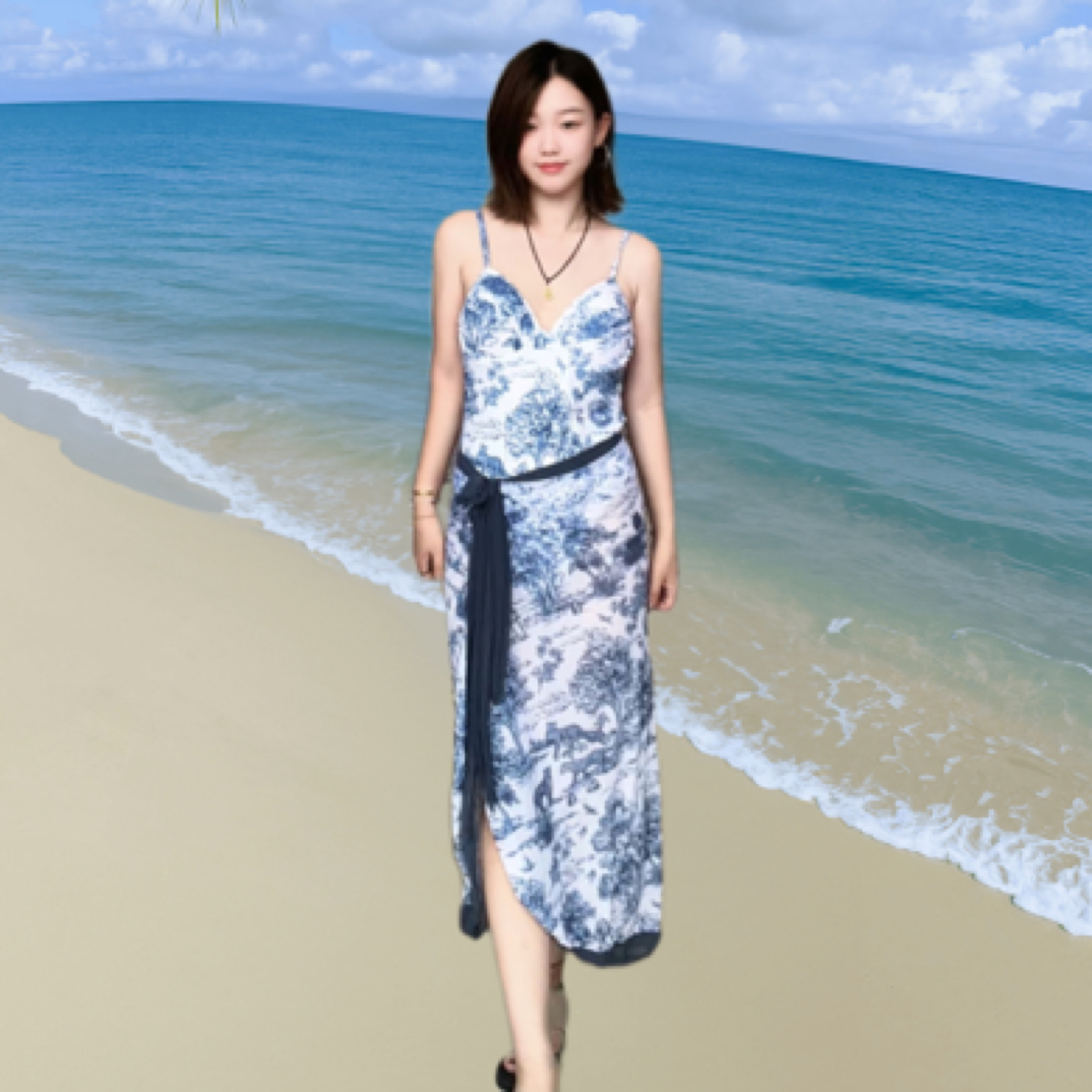 韩式ins风碎花简约女游泳衣修身显瘦披纱长裙