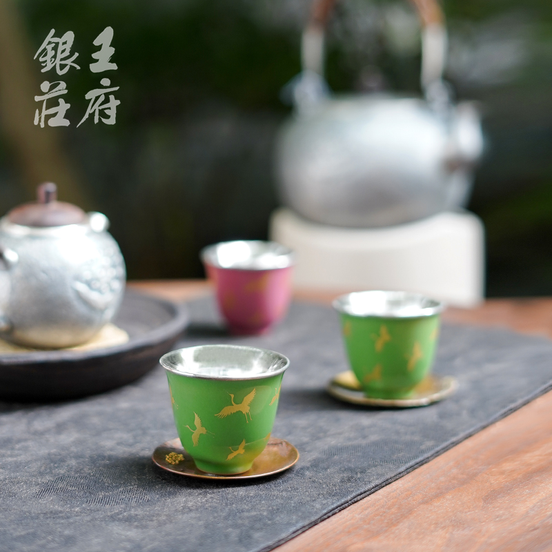 足银999纯手工瓷包银杯烫金仙鹤品茗杯家用茶杯茶器茶具 鹤逸