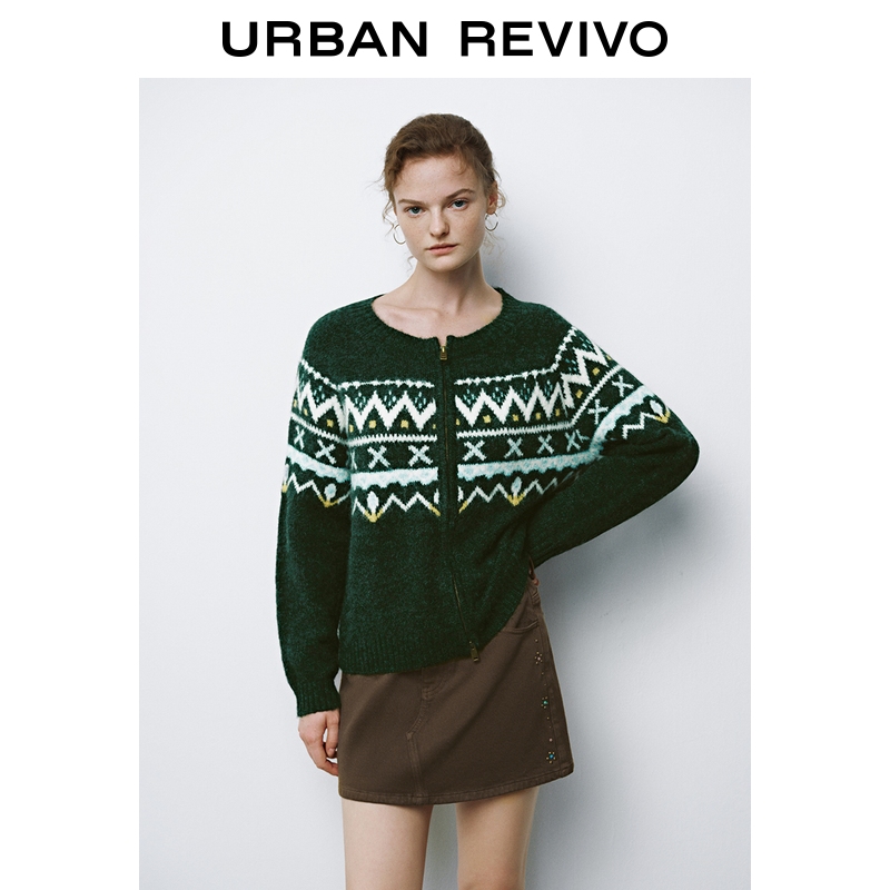 UR2025冬季新款女装复古几何图案双拉链针织开衫UYL950136+