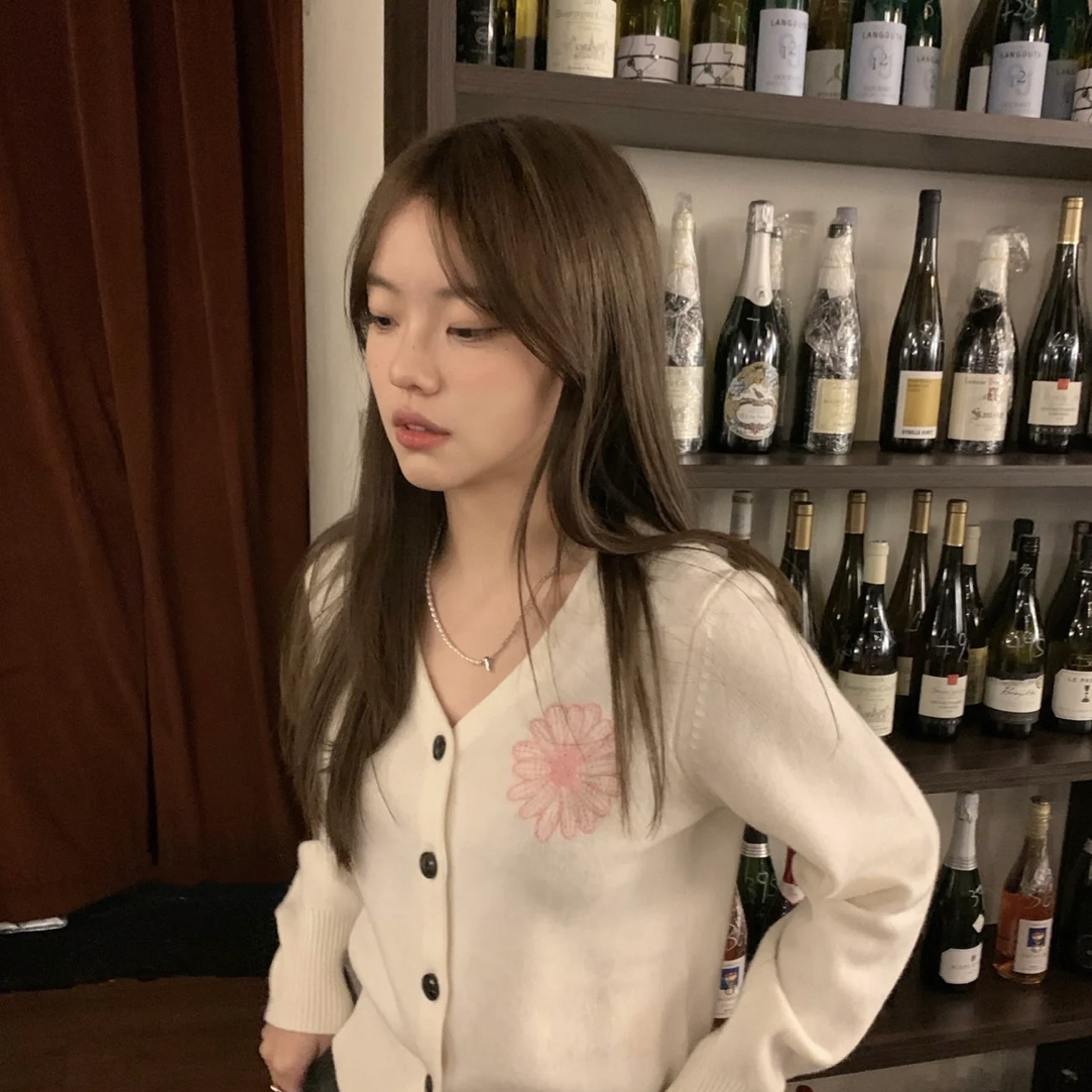 小雏菊刺绣针织开衫女秋季韩系修身显瘦V领短款上衣