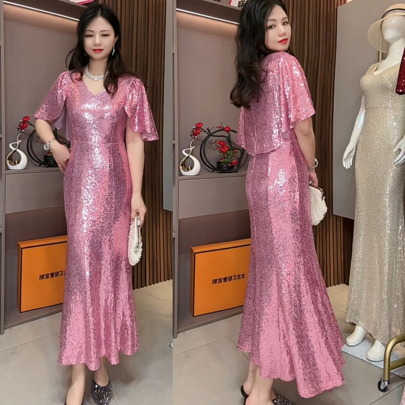 宴会亮片礼服高腰气质中长款时尚春夏粉色假两件披肩鱼尾连衣裙