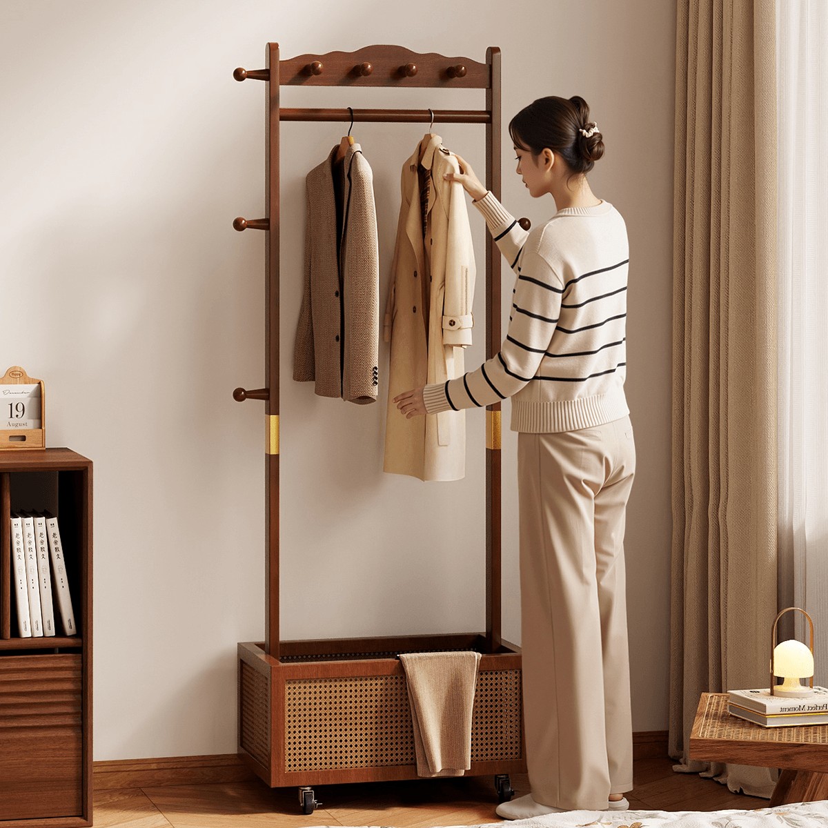 衣架子落地式新中式卧室实木衣帽架可移动客厅家用立式收纳置物架