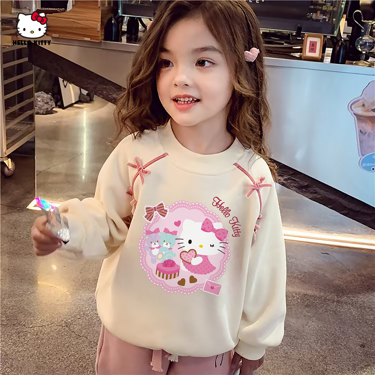 HELLO KITTY/凯蒂猫2025秋冬洋气卡通可爱蝴蝶结圆领长袖女童卫衣