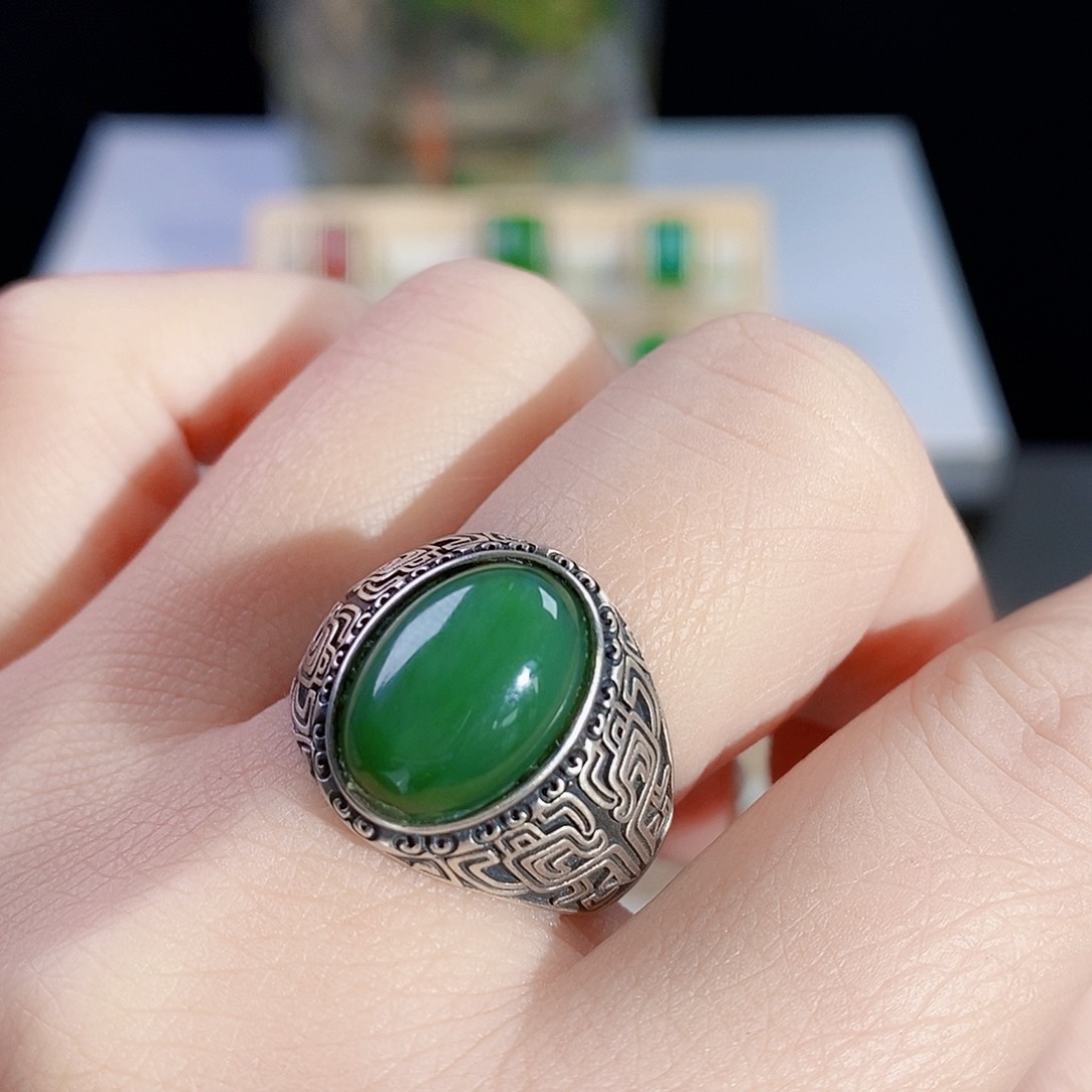 和田玉（碧玉）戒指银S925镶嵌