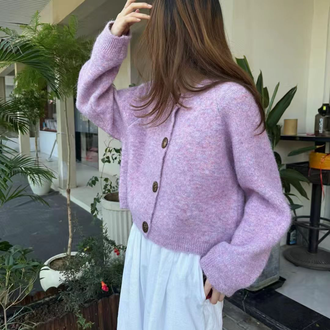 短款插肩袖秋冬季针织毛衣ins针织毛针织衫开衫韩版紫色慵懒风